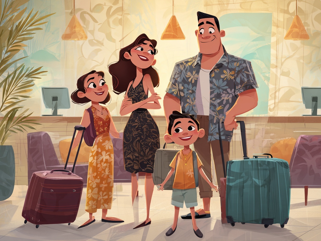 animation of family checking into disney