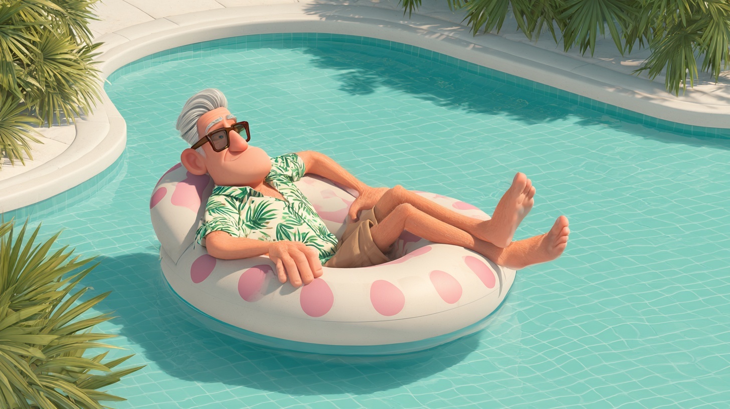 animated male in pool relaxing