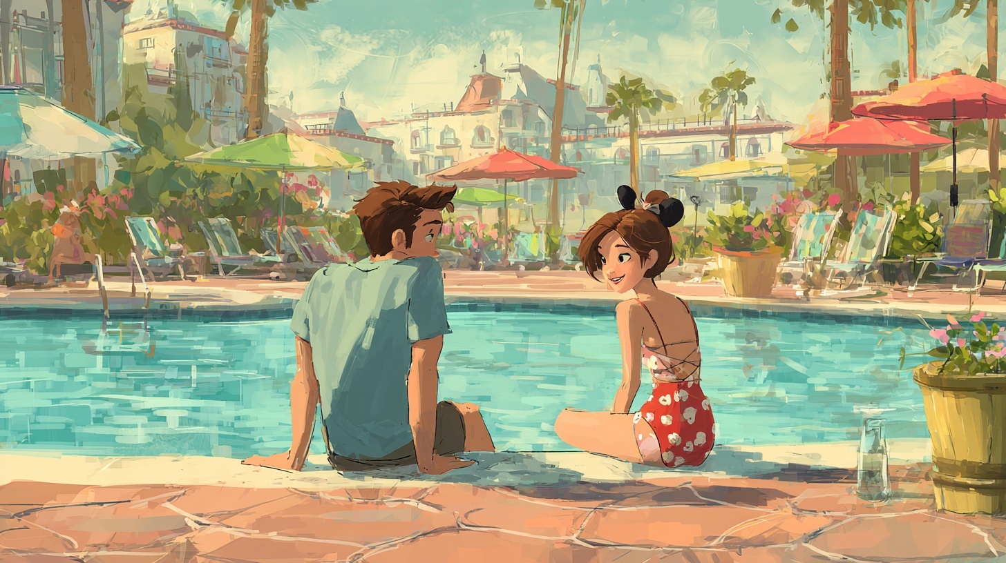 illustration of a couple by a disney resort pool