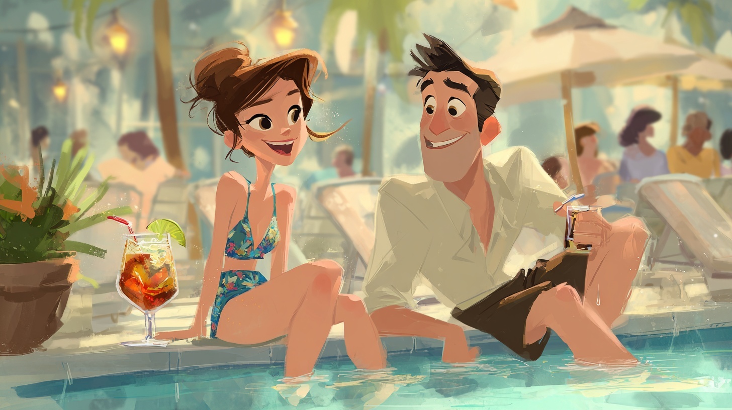 illustration of a couple with drinks by the pool