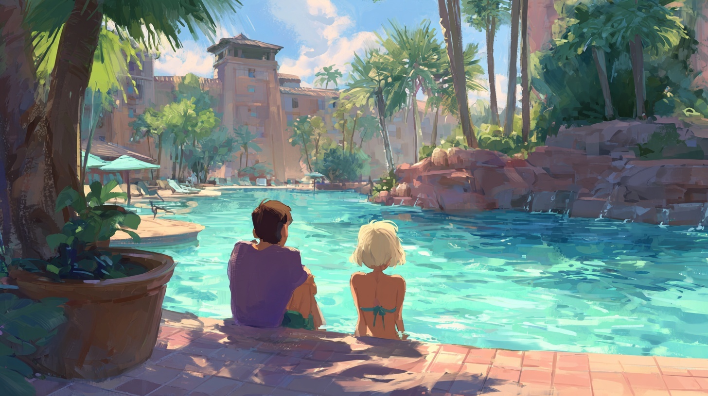two people at a pool at disney