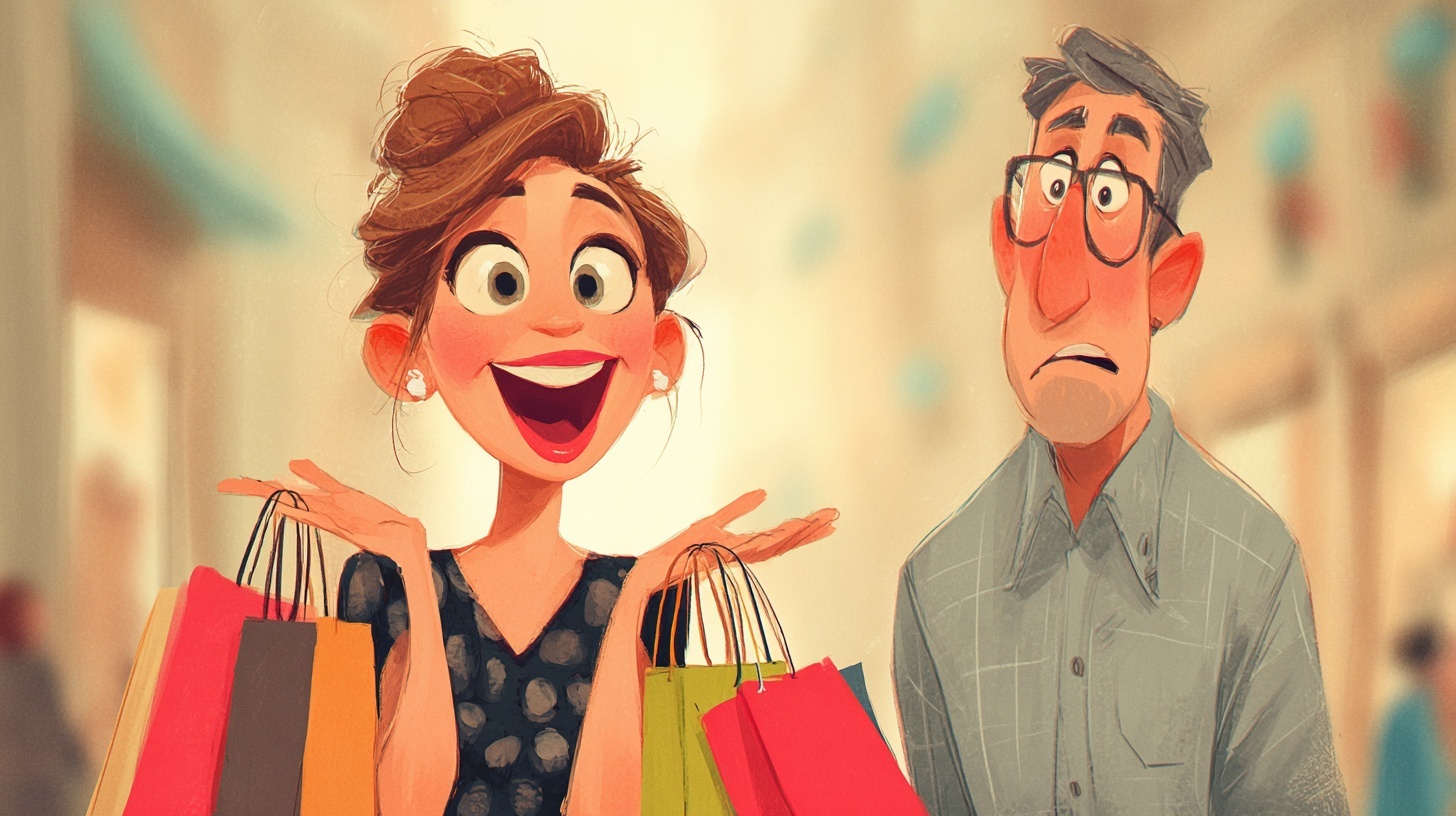 wife on a shopping spree as the husband is in disbelief