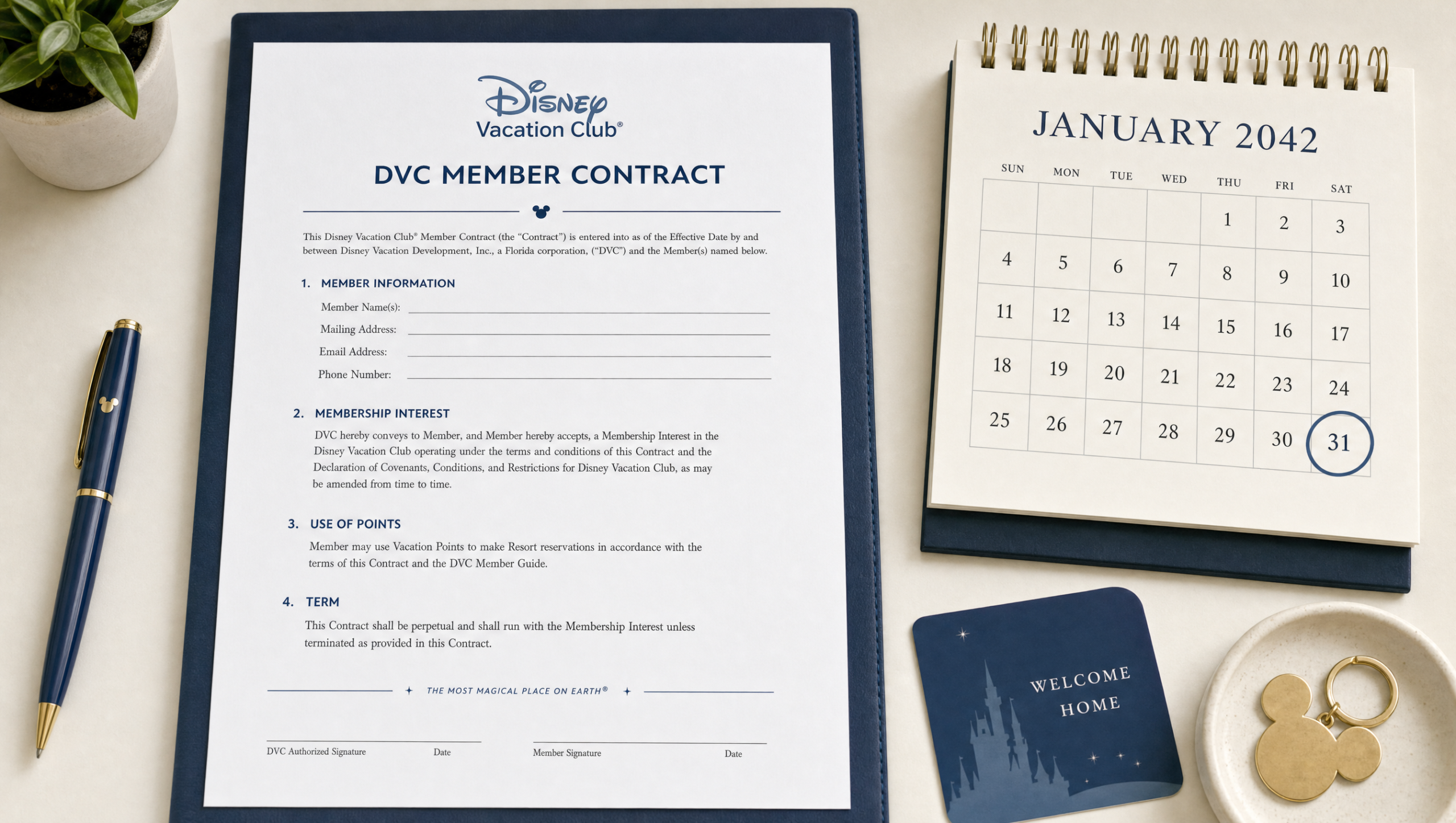 dvc member contract laid out with calendar and pen