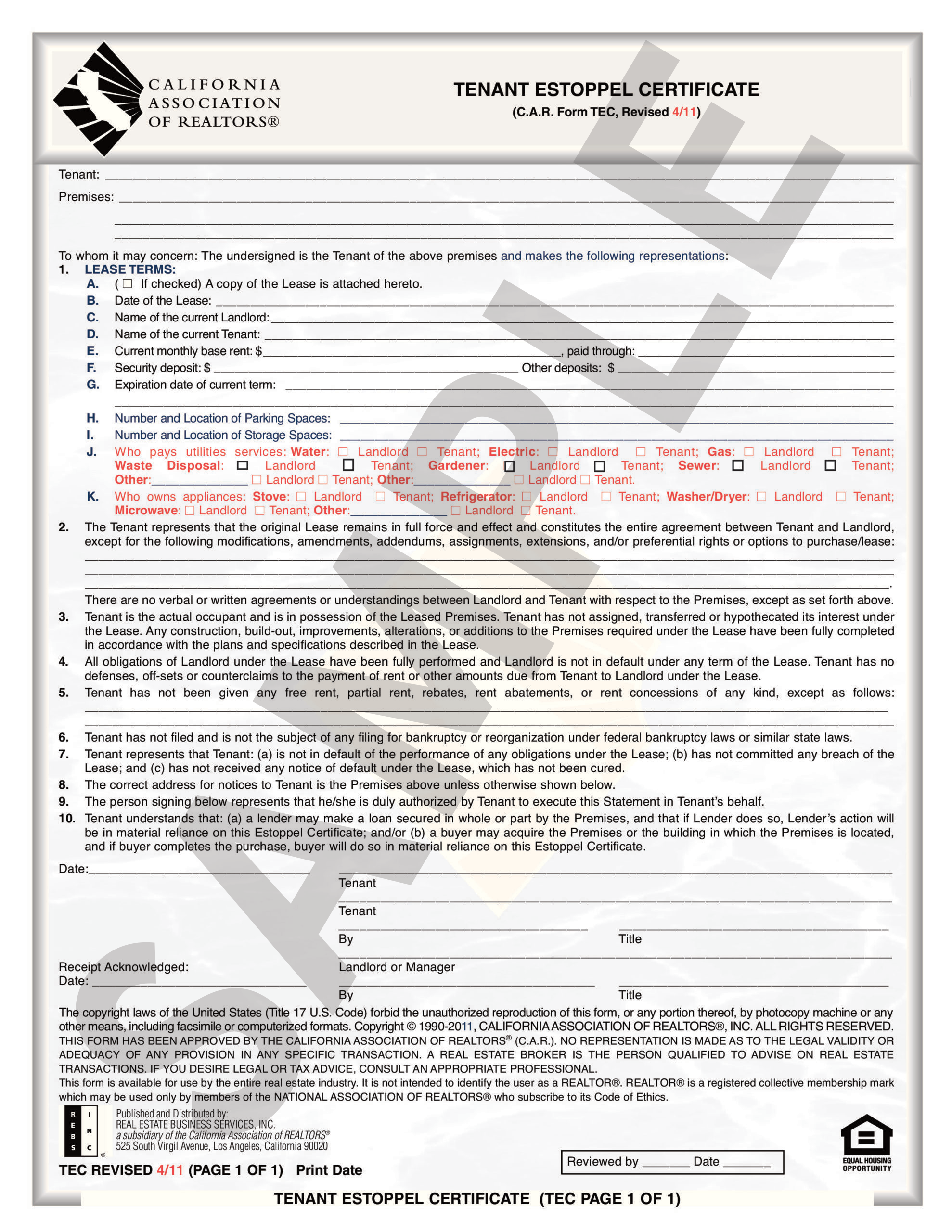 sample real estate estoppel certificate